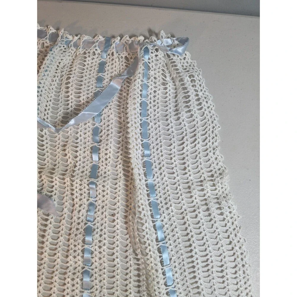 Vintage Handmade White Crochet Lace Apron with Blue Ribbon Ties